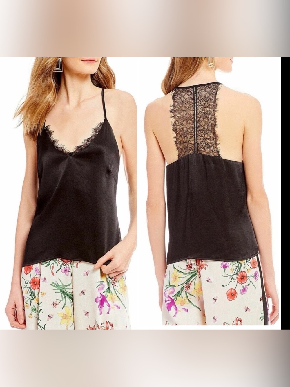 Lucy Paris NWT Satin Lace Racerback Satin Camisole Tank Top - Black‎ Size Small